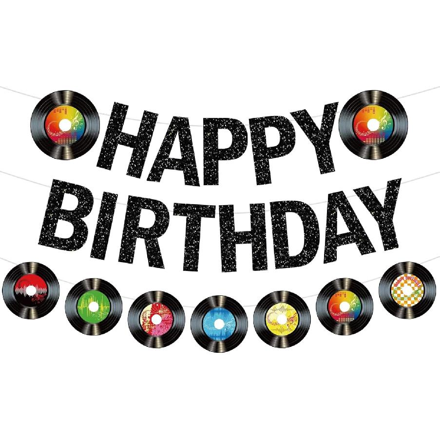 Rock and Roll Music Birthday Decorations Vinyl Record Decorations Rock and Roll Party Decorations with Happy Birthday Banner Vinyl Record Decor for синий