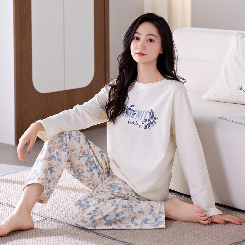 Pajamas Women'S Pure Cotton Long-Sleeved Cotton Round Neck Can Be Worn Outside Casual Loungewear Set