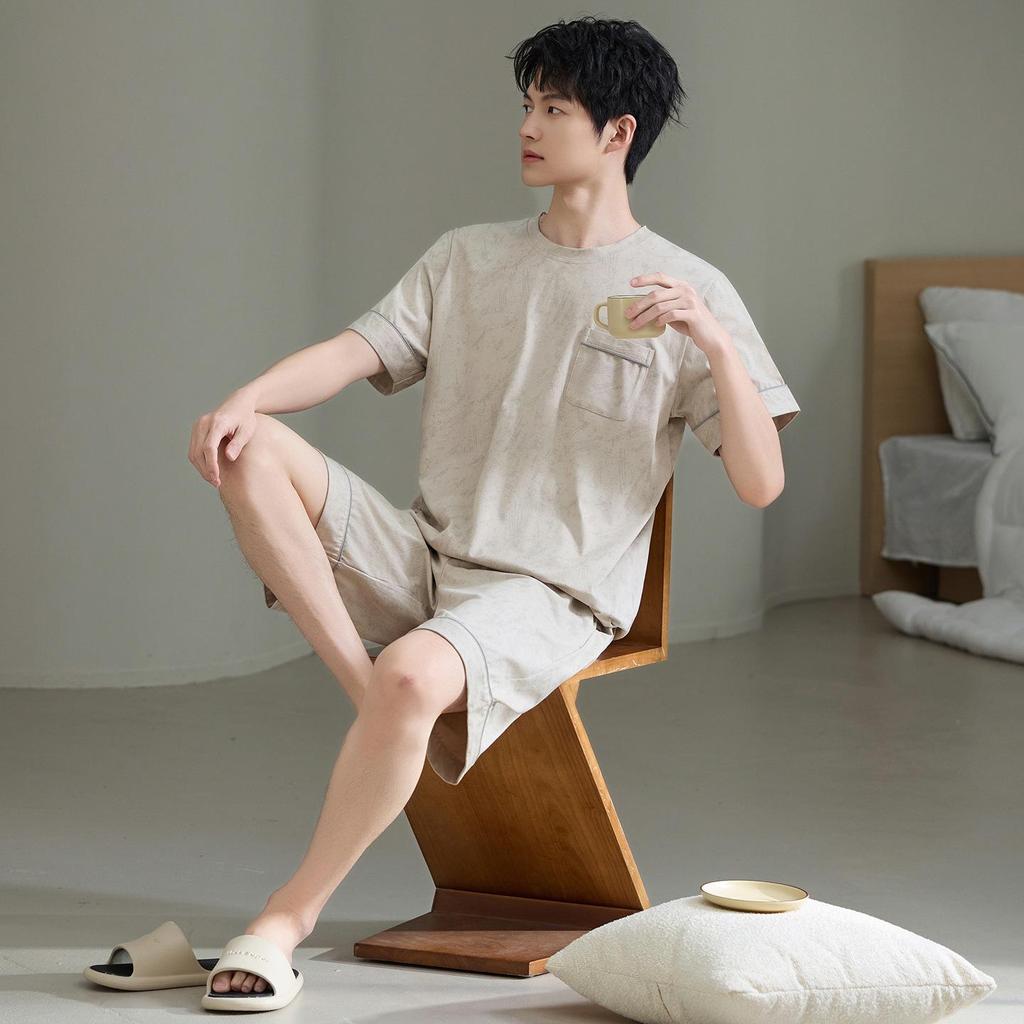 7A Antibacterial Plus Size Cotton Pajamas for Men - Short Sleeve & Shorts, Cooling, Round Neck, Summer Outerwear/Loungewear