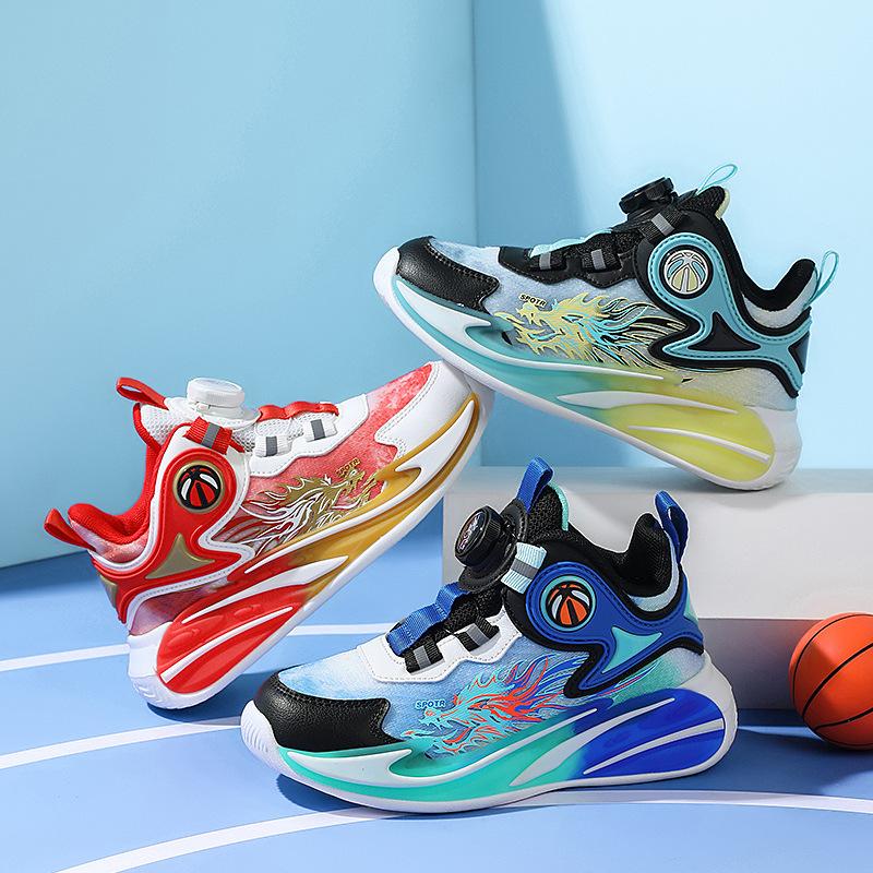 Boys' shoes Spring and Autumn 2025 new mesh breathable rotating button medium and older children's basketball shoes casual soft-soled sports shoes