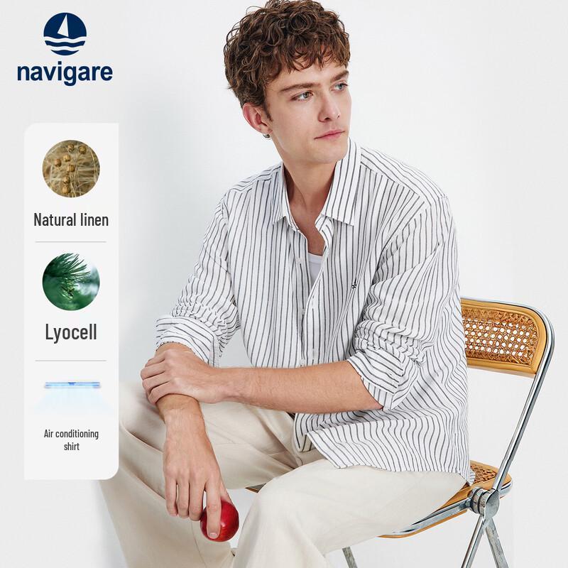 Navigare Men s 2026 Striped Long Sleeve Linen Blend Shirt L/40