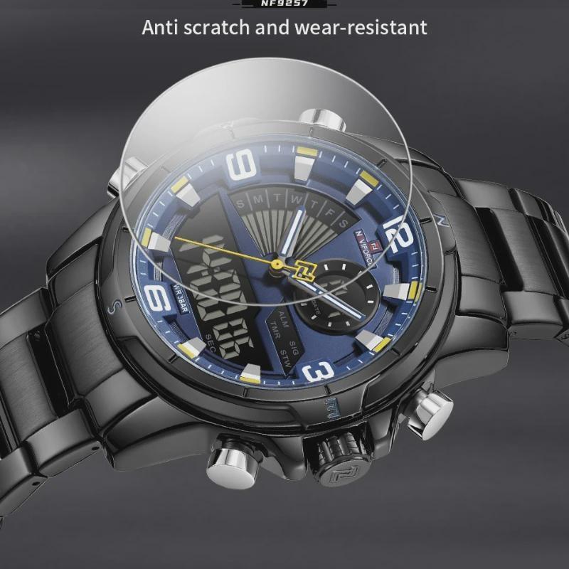Mens Multifunctional Double-Display Watches Date Stainless Steel Watchband LED Luminous Mode Waterproof Wrist Watch