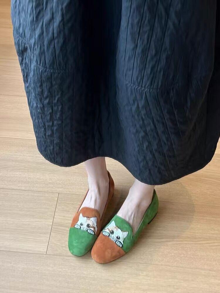 Feerldi Emboridery Cat Flock Shoes Woman Designer Two-tones Loafers New Arrival 2025 Low Heels Ladies Square Toe Moccasin Shoes