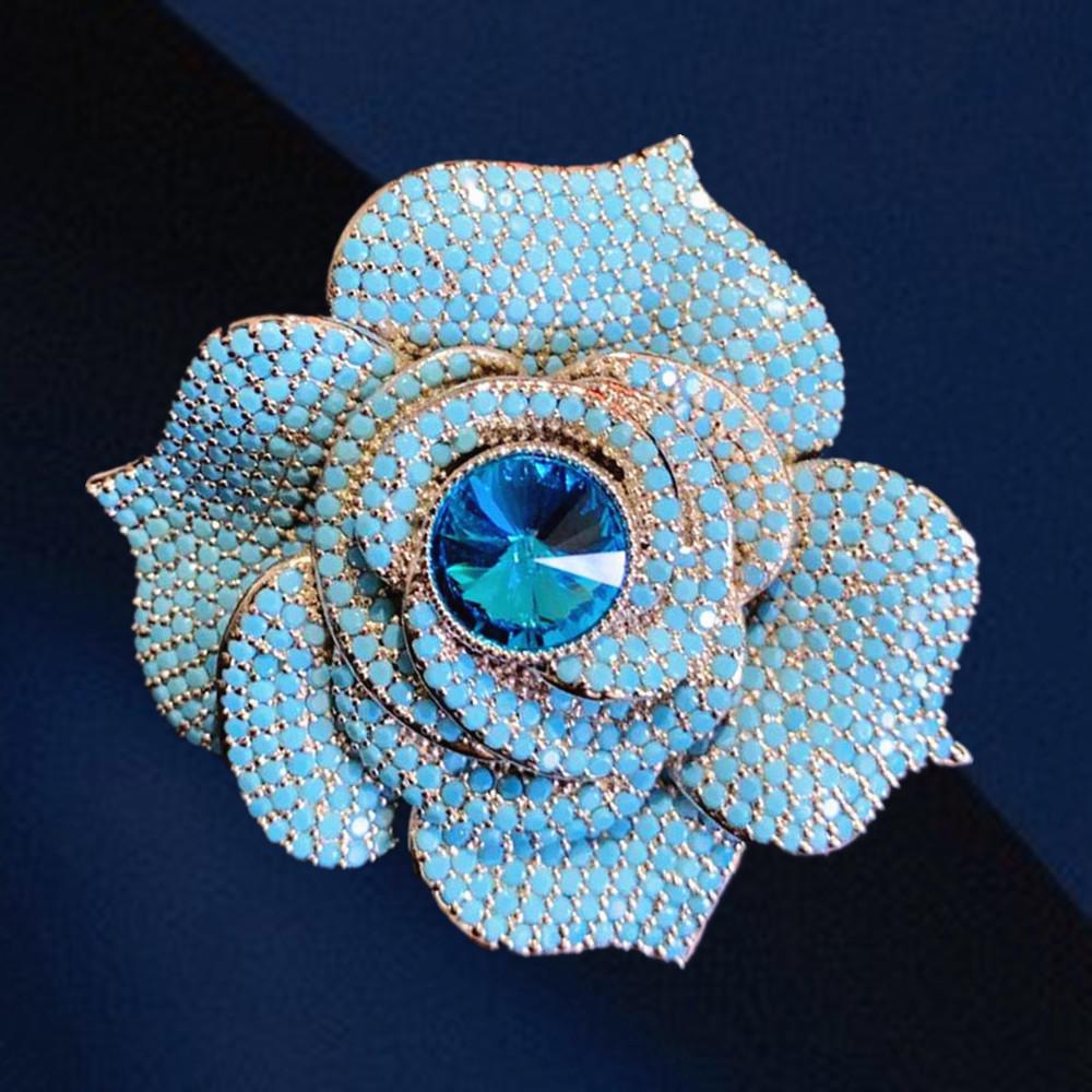 Chinese Camellia Brooch with Turquoise, High-End Corsage Sweater Chain, Women's Fashion Accessory