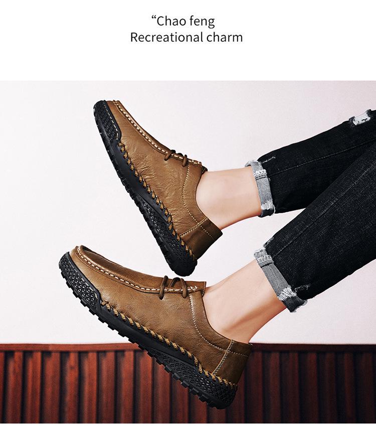 Men's Hand-Stitched Leather Casual Shoes - Four Seasons, Low-Top, Large Size, Outdoor Hiking Style
