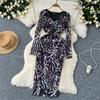 Neu Frühling Sommer Sexy Aushöhlen Mesh Langarm Kleid Frauen Elegante V-ausschnitt Floral Print Schlank Midi