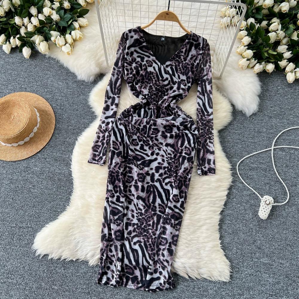 Neu Frühling Sommer Sexy Aushöhlen Mesh Langarm Kleid Frauen Elegante V-ausschnitt Floral Print Schlank Midi