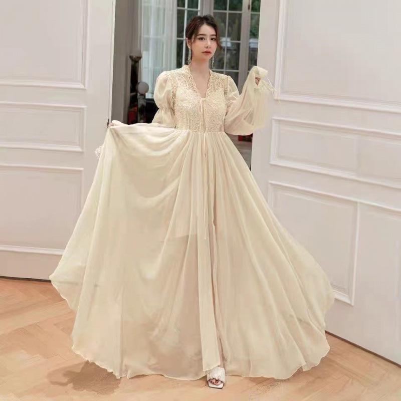 Robe d'été chic beige en mousseline 2025: Style de robe de chambre du matin, parfait pour les vacances ou les photos de mariage (F912)