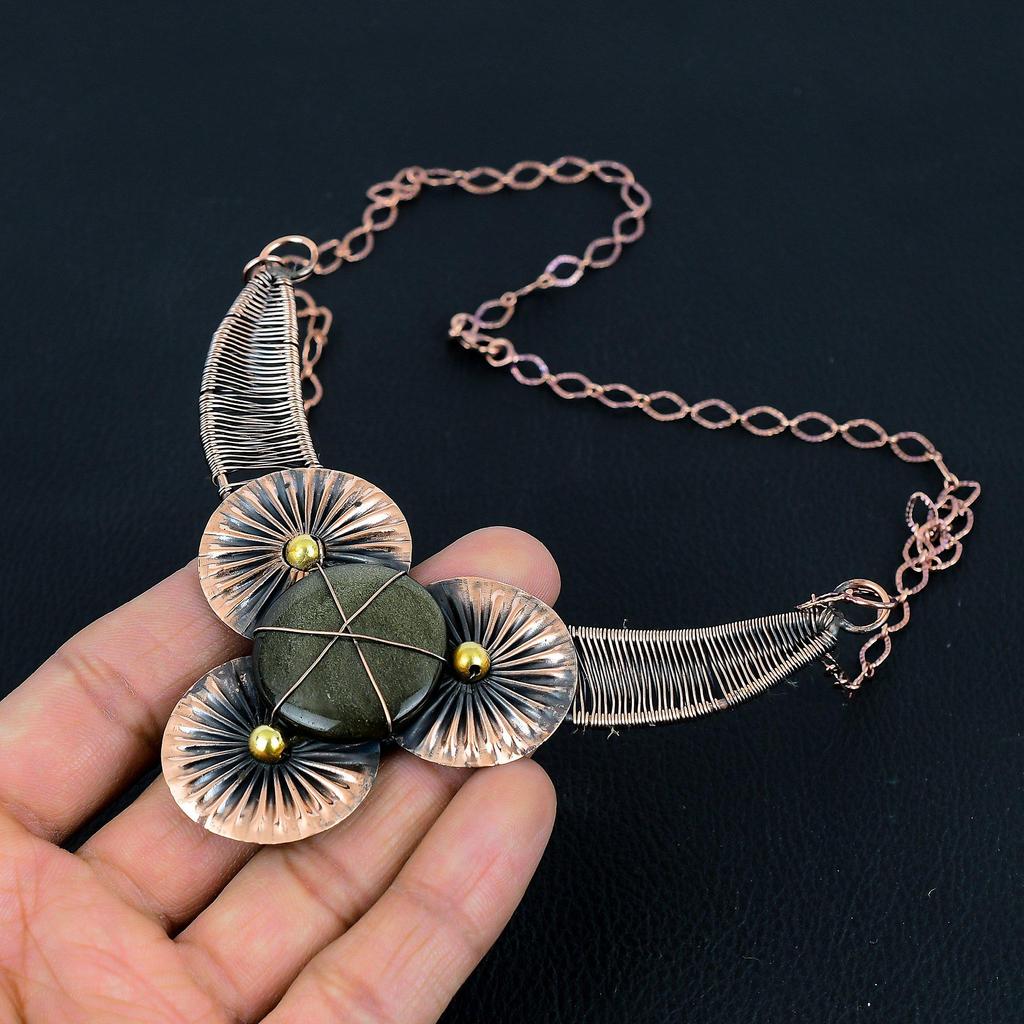 Silver Sheen Obsidian Gemstone Handmade Pure Copper Wire Wrap Jewelry Necklace For Women