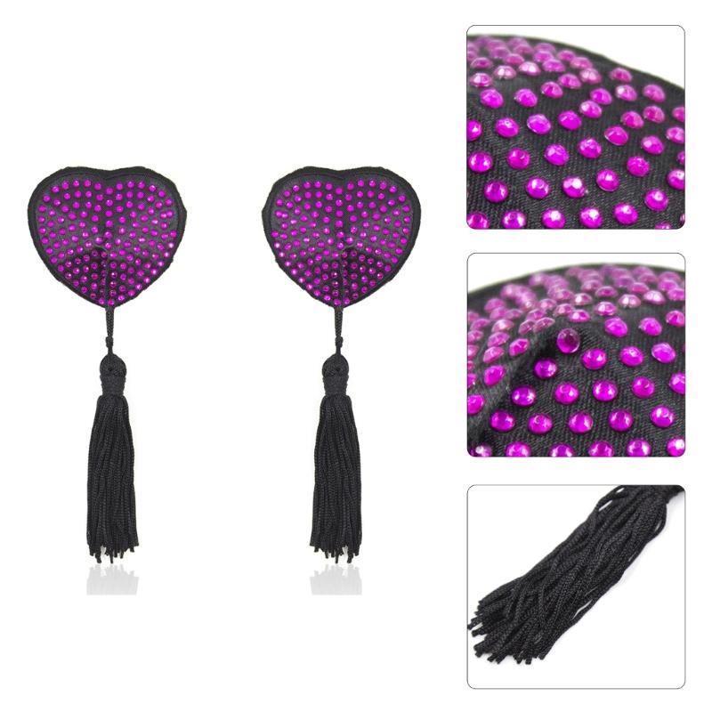 Women Rhinestones Heart Shape Nipple Cover with Tassels Reusable Adhesive Pasties Rave Club Party Breast Pads Sticky Bra