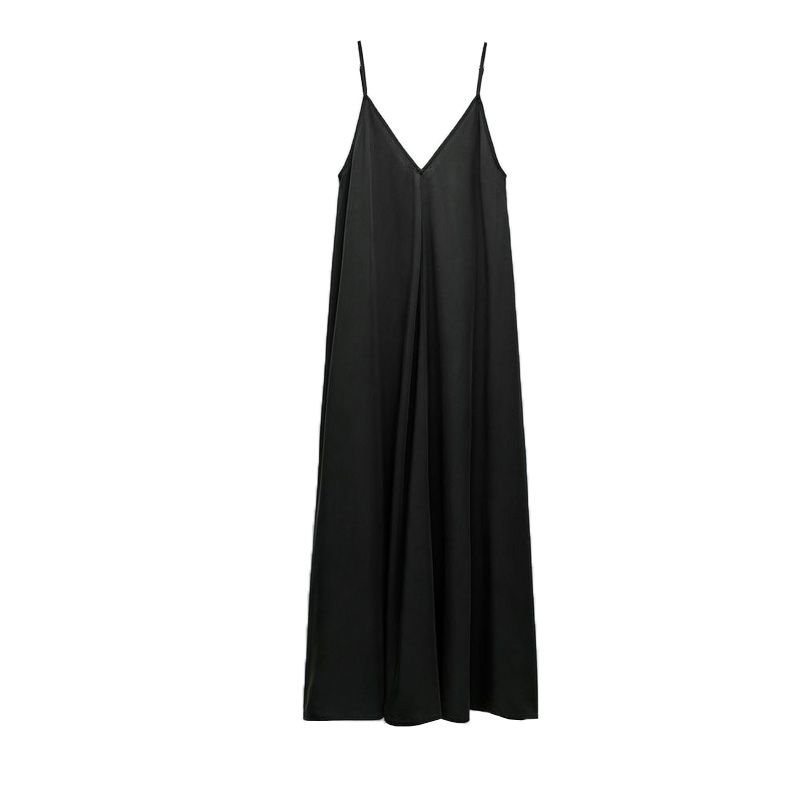 

Spring New Sexy Open Back Vacation Style V Neck Mid-Length Camisole Elegant Midi Skirt Dress 8338302 Black L