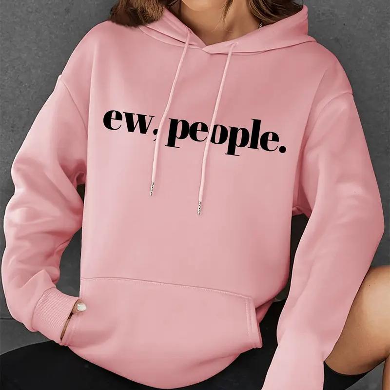Ladies Spring Autumn Casual Hooded Long Sleeve Big Pocket  EW.PEOPLE Letter Printed Pullover Hoodies Sweatshirt Top