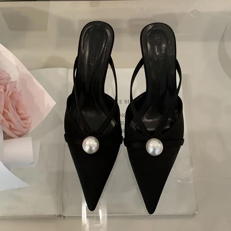Fashion New 2025 Slip On Footwear Women Heels Pumps Mules Shoes Pointed Toe Fashion String Bead Ladies Medium Heels Shoes Female Slides