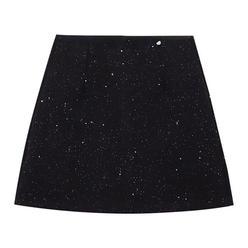 Elegant High-Waisted Black Wool A-line Glitter Skirt for Women - Autumn Slimming Hip-Hugging Design