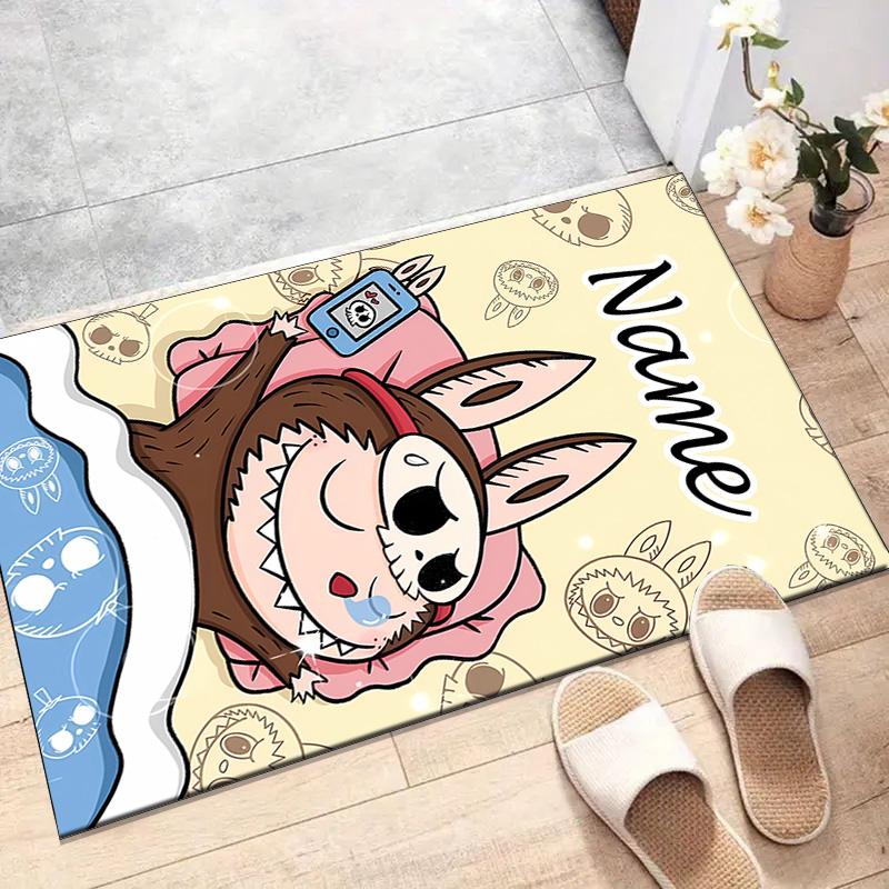 Custom Labubu Mat Personalized Name, Polyester Washable Indoor Entryway Rug, Gift for Christmas, Easter, Thanksgiving Day