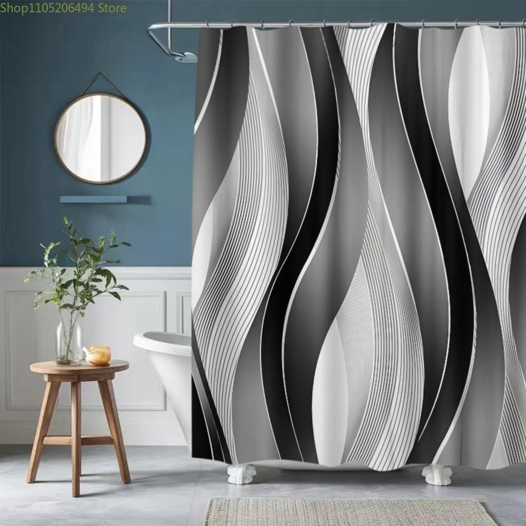 1pc Black And White Wavy Line Pattern Shower Curtain Made of Polyester for Bathroom Decoration And Accessories, Printed Curtai