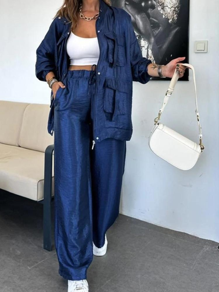 Women's Light Gray Suit Set with Wide Leg Pants, Stand Collar Jacket, White Crop Top, Casual Office Wear