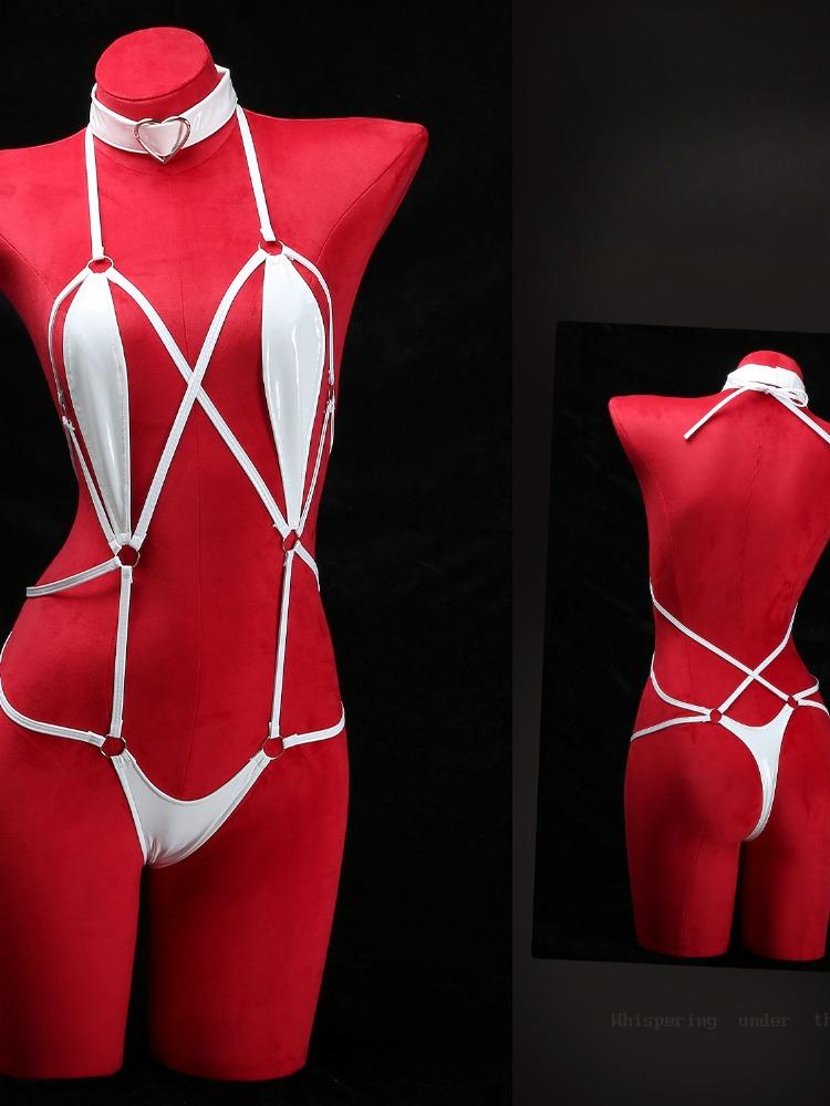 Role Play Lingerie Women's Sexy Mesh PU Leather Splicing See-through Slim Hanging Neck Free Temptation Erotic Open Anal Bodysuit