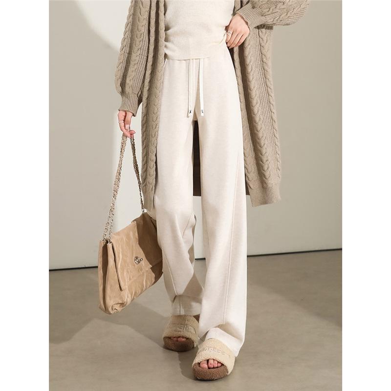 Oatmeal Herringbone Fleece Wide-Leg Pants for Women - Autumn/Winter Slim Fit