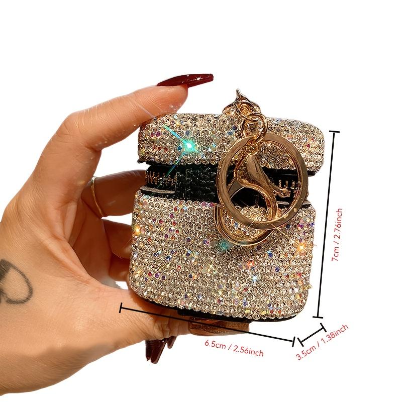 

Genuine Leather Mini Pouch with Rhinestones Detachable Chain for Bag Charm Keychain Portable Earphone Case Lipstick Holder M серебряный