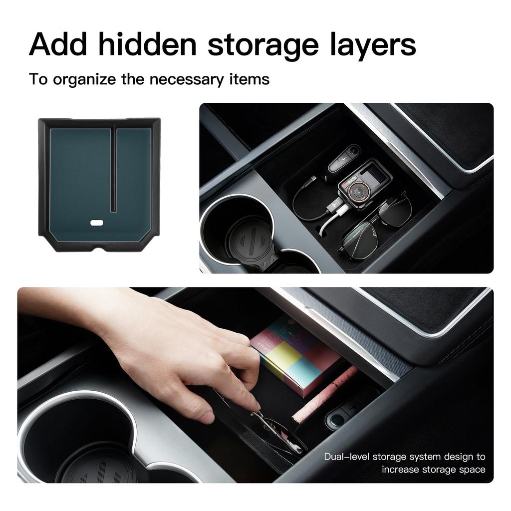 YONZEE Center Console Storage Box 4Pcs for New Tesla Model Y 3 YL Flocked Armrest Hidden Storage Drink Holder Car Interior Accessory 2025-2026