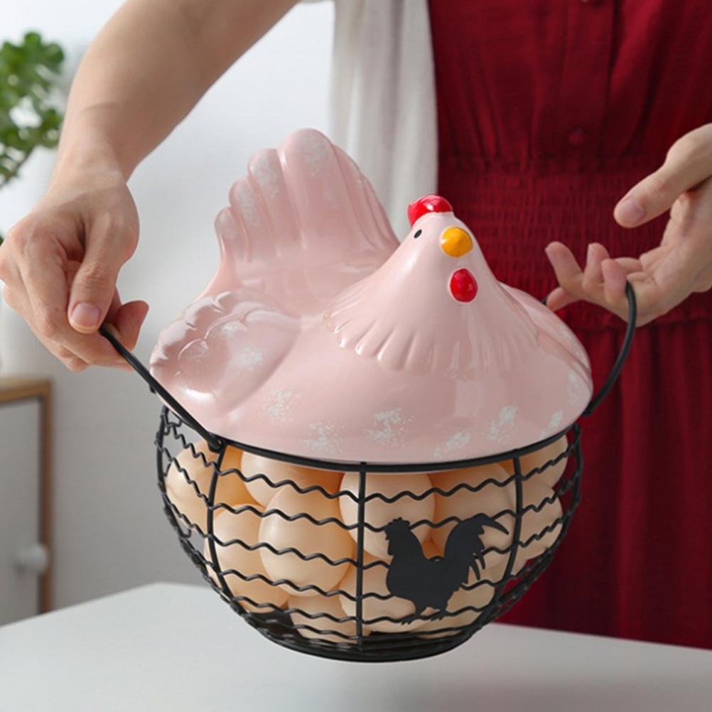 Storage Basket Iron Ceramic Hen Ornament Egg Fruit Container with Handle Kitchen Supplies