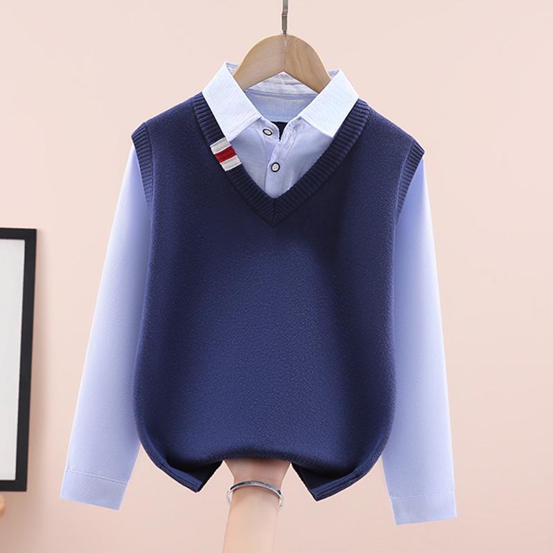 

Вязаный свитер-жилет для мальчиков с флисовой подкладкой – Двухслойный вид для детей старшего возраста (Весна осень) 150cm