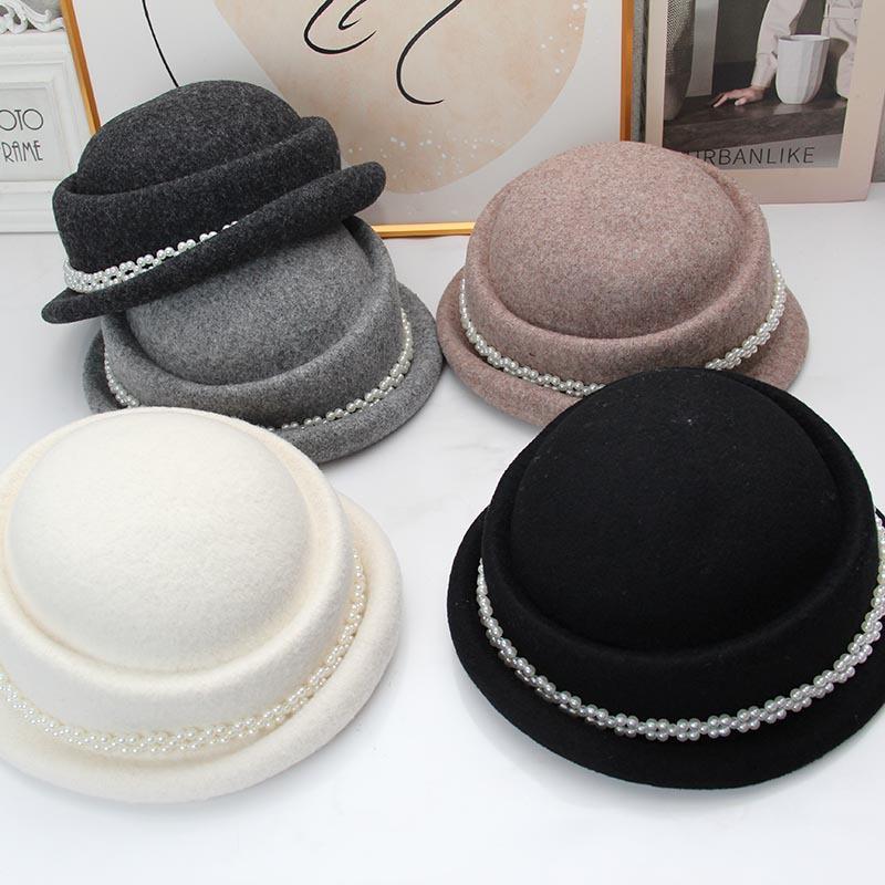 Hepburn style wool beret women's autumn and winter new retro versatile styling top hat showing the face small crimping basin hat