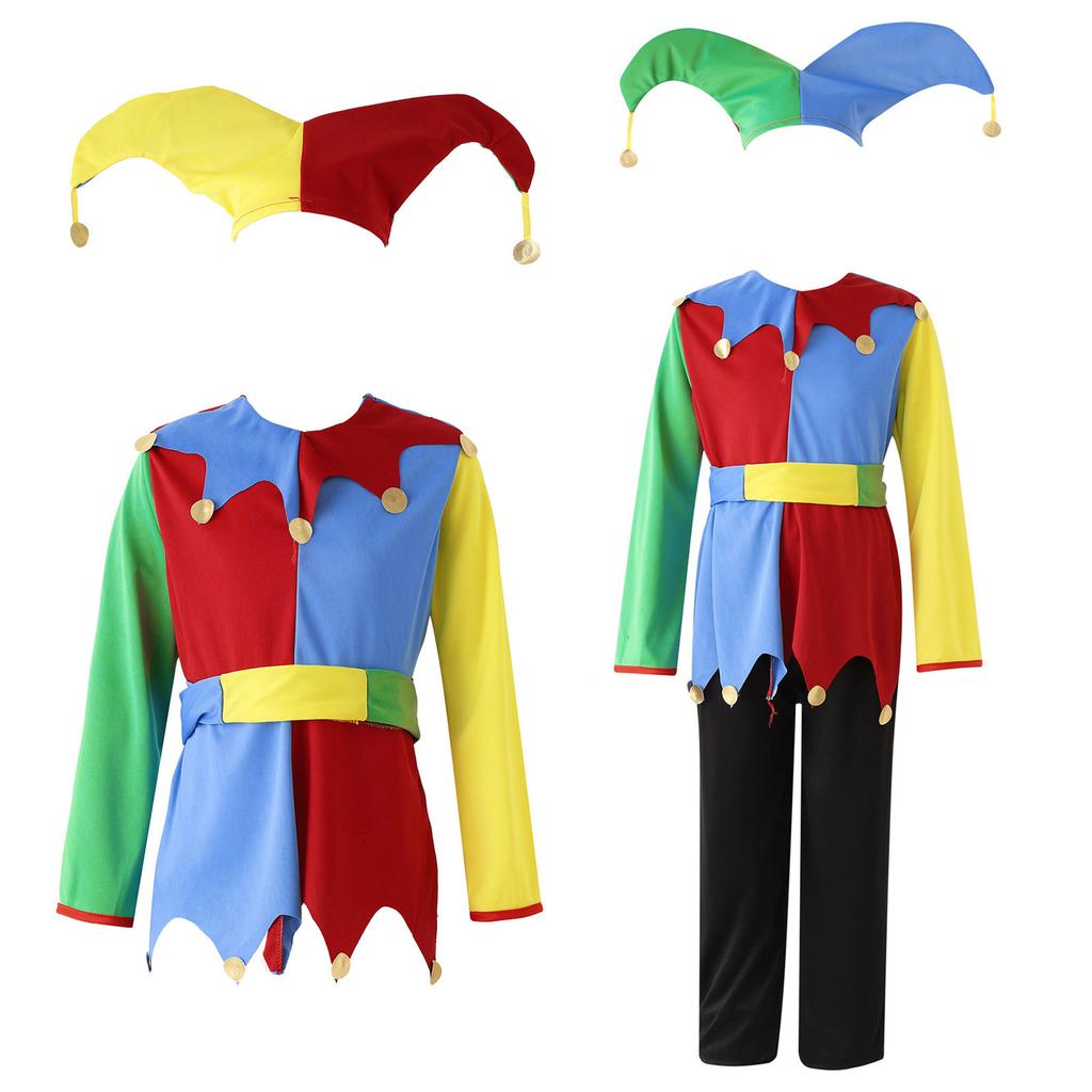 Unisex Circus Clown Costume Color Block Patchwork Clown Dress Hat Waistband Pants Halloween Performance Attire