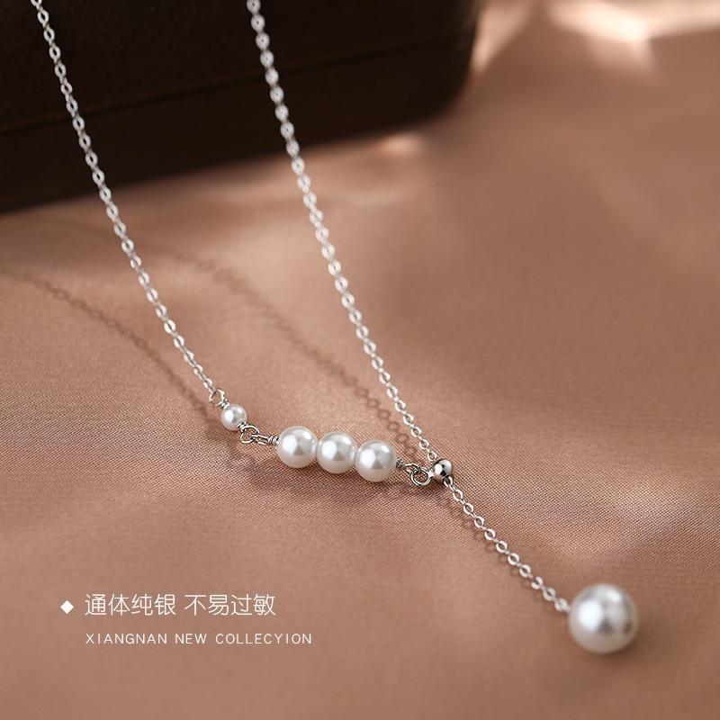 Silver Pearl Necklace Women Clavicle Chain Light Luxury Sweater Chain
