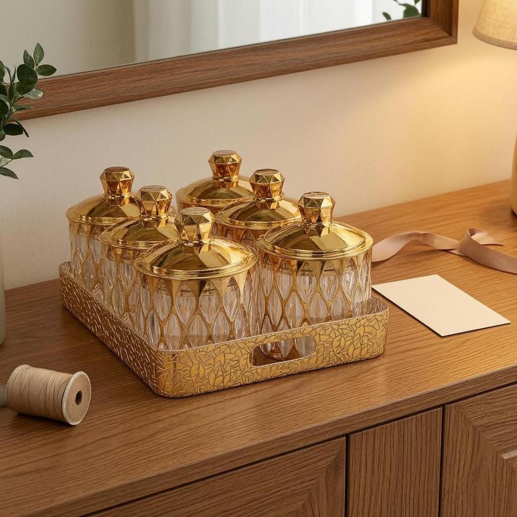 6 Pieces Decorative Storage Jar Set Transparent Lidded Faceted Airtight Canister