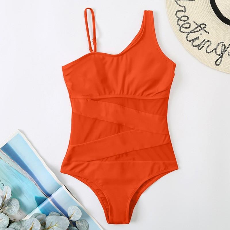 Women's Fashion Splicing Mesh Spaghetti Straps Bikini Swimsuit With Slanted Shoulder