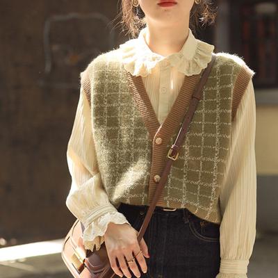 French Retro Green Plaid Striped Knitted Cardigan Vest Vest Women's Spring and Autumn Fashion New V-neck Sweater Coat Women