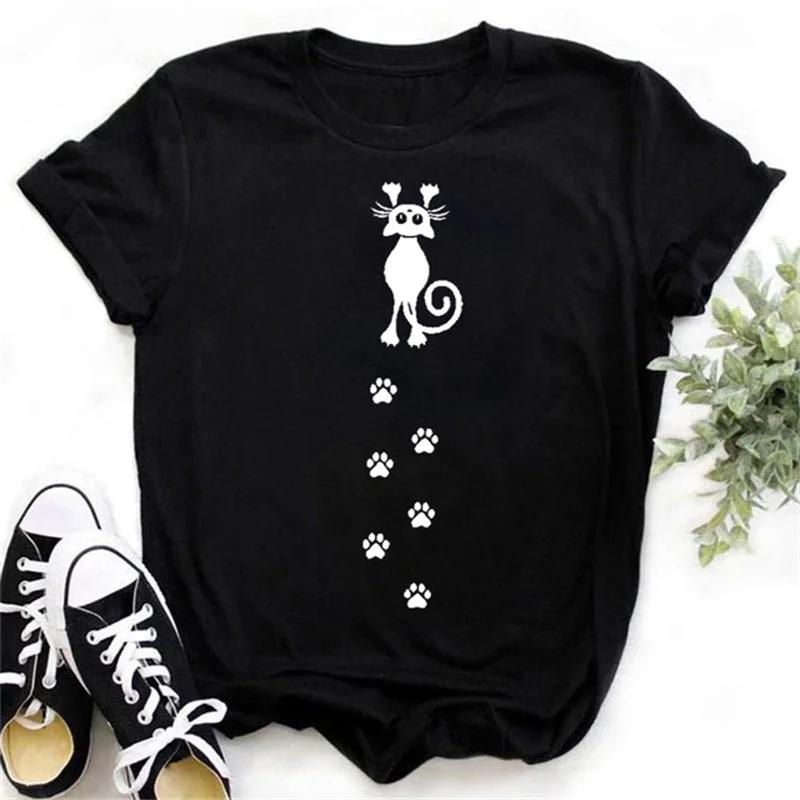 Maycaur Cute Paw Women T Shirt Fashion Cat MOM Printed Woman Tops Harajuku Punk O-neck Top Tee Black Shirt T Female T-shirt