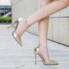 Fashion versatile temperament one-word buckle with high heels 2025 summer new pointed head shallow mouth thin heel hollow sandals women