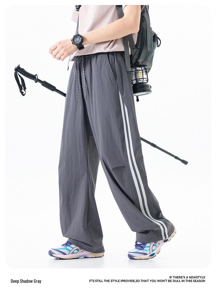 Men's American Outdoor Striped Drawstring Wide-Leg Summer Pants - Breathable, Loose, Straight-leg, Casual Sportswear