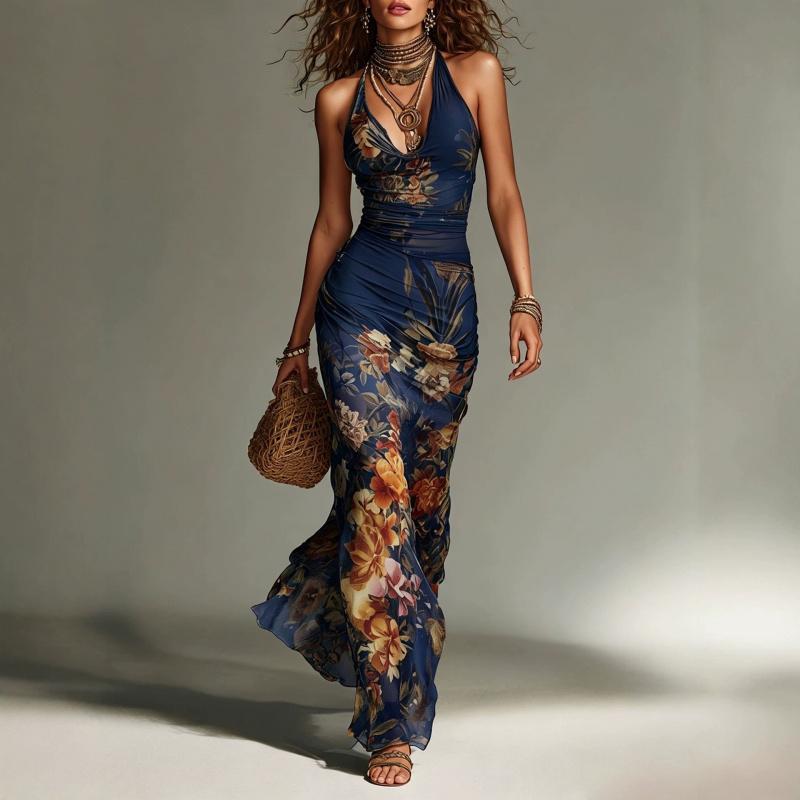 Abito Estivo Bohemien da Donna Retro Stampato Schiena Nuda con Bretelle e Fasciatura Monopezzo Orlo Ampio Stile Vacanza