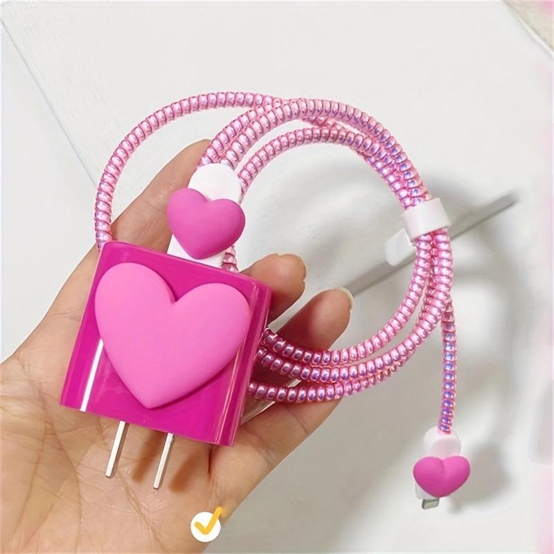 Y2K Cute Solid Color 3D Love Heart + EVA Storage Bag Set Charger For IPhone 11 12 13 14 15 18W-20W Fast Charge Protection Cover