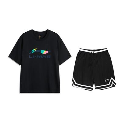 Li Ning Letter Print Versatile Round Neck Short Sleeve Casual Sports Suit Unisex Suits Black AHSVD61-2+YAPV001-1