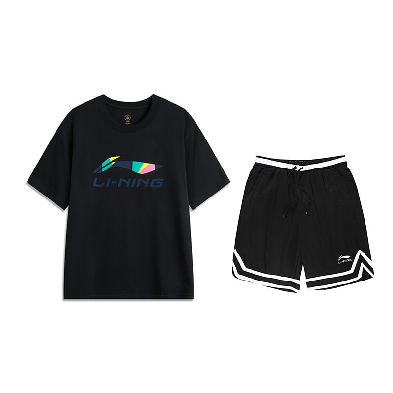 Li Ning Letter Print Versatile Round Neck Short Sleeve Casual Sports Suit Unisex Suits Black AHSVD61-2+YAPV001-1