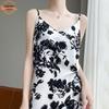 Women's Summer V-Neck Floral Acetate Satin Camisole Dress - Hip-Hugging Over-the-Knee Design