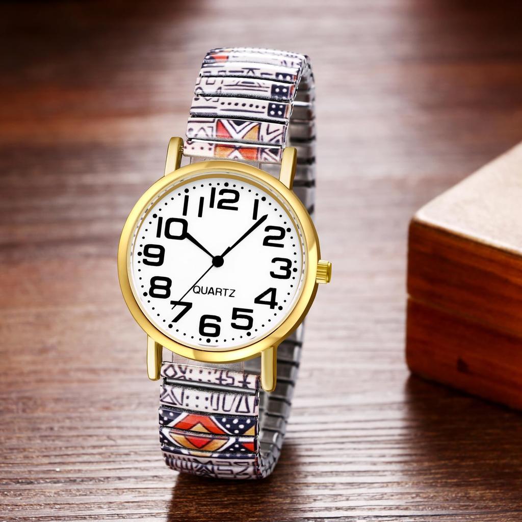 Bohemian Watch with Elastic Strap and Arabic One Size Fits Floral Waterproof Quartz Watch with Stretchable Stainless Steel Analog Colorful Ethnic
