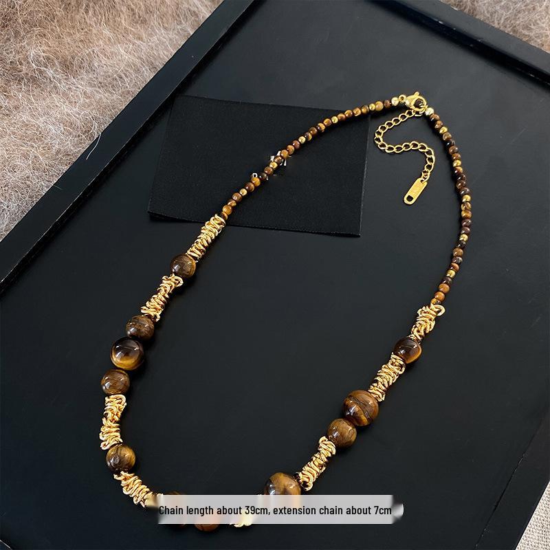 Han Luo 18K Gold-Plated Tiger Eye Necklace - Retro, High-End Clavicle Chain Accessory