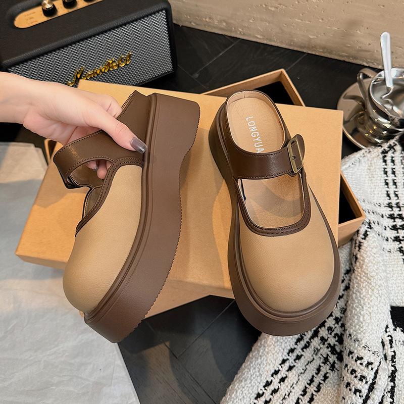 pu leather thick bottom height increase versatile women s new spring and summer women s outer wear slippers bag head slippers half drag 35 абрикосовый 3470₽