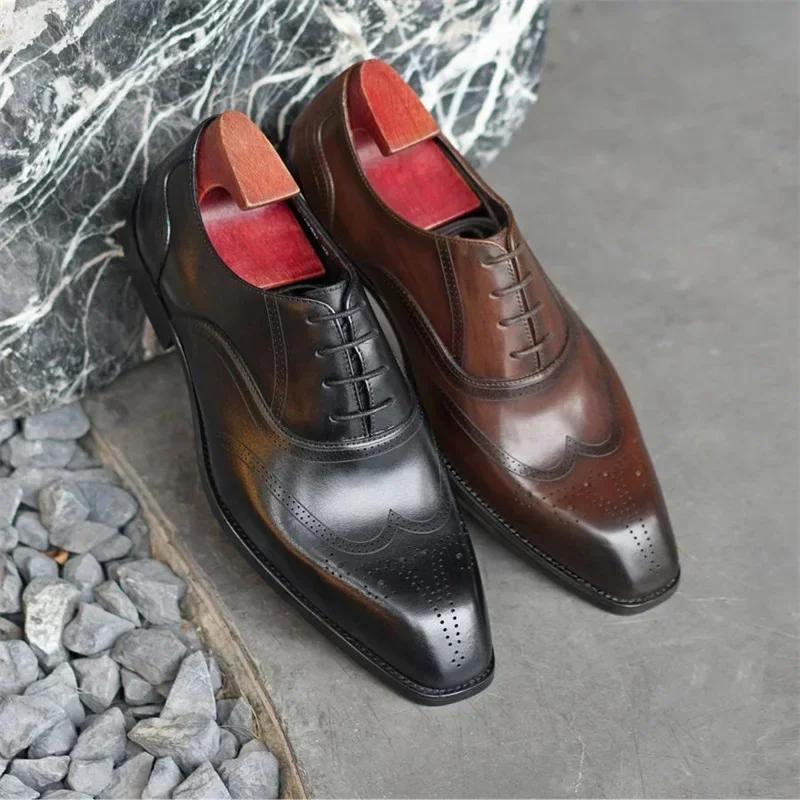 Fashion Block Square Head Comfortable PU Leather Shoes 2024 Spring Autumn New Fashion Lace Up Wedding Business Dress Shoes For Men