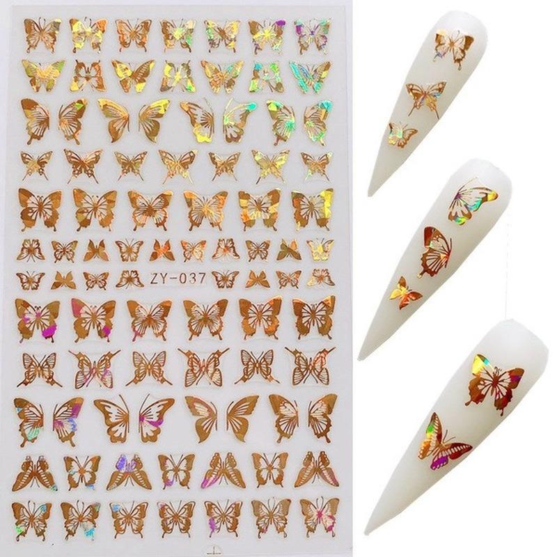 4Sheets Holographic 3D Butterfly Nail Art Stickers Adhesive Sliders Colorful DIY Golden Nail Transfer Decals Foils Wraps Decorations