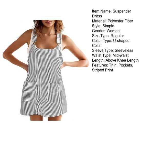 Damen Trägerkleid U-Ausschnitt Ärmellos Gestreiftes Mini-Kleid mit Taschen Lockerer Schnitt Schlankmachendes Aussehen Kleid Arbeits- und Freizeitkleidung