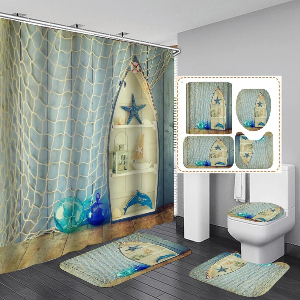 3D Dusk Beach Coconut Tree Waterproof Shower Curtains Purple Polyester Bathroom Sets Toliet Lid Cover Non-Slip Bath Mat Carpet