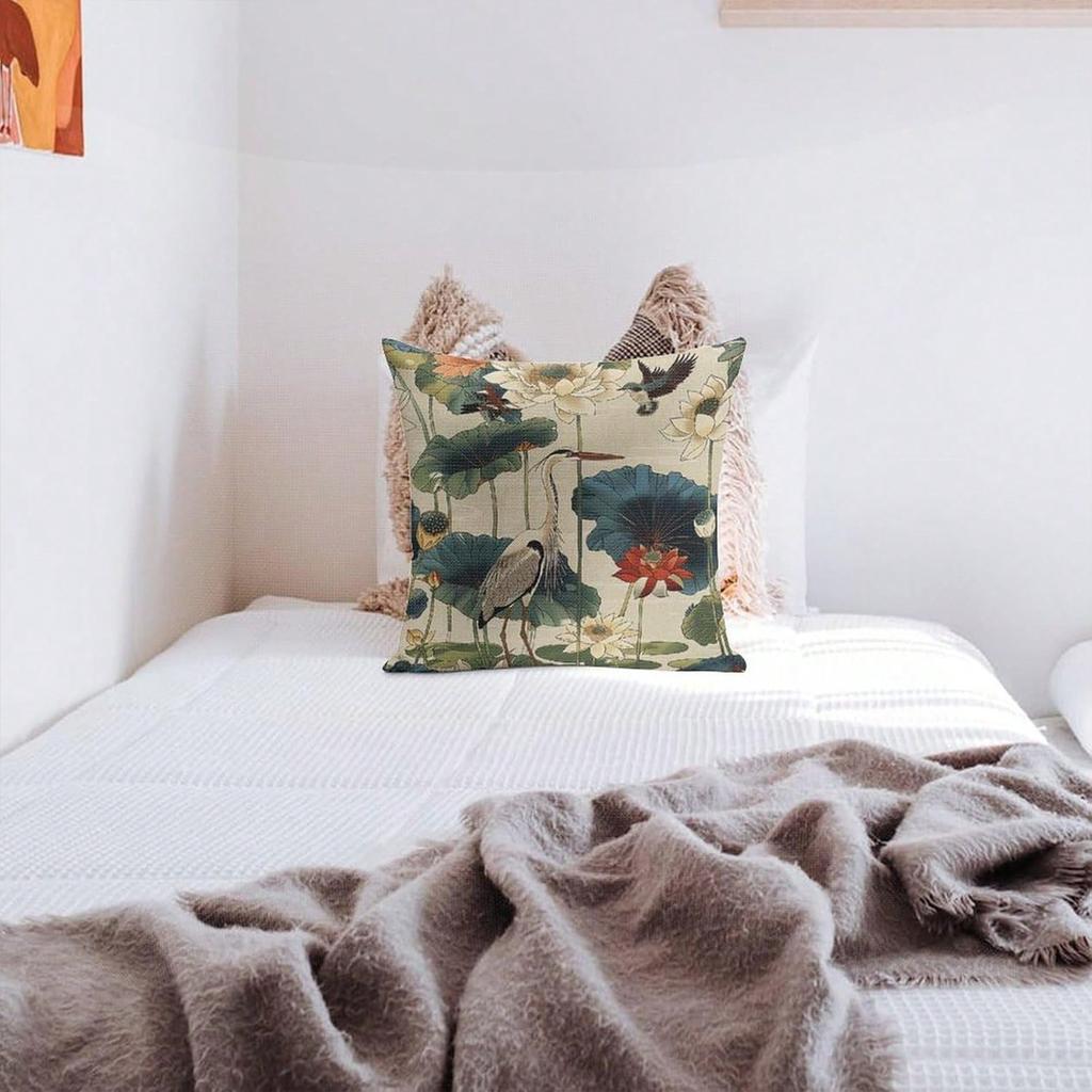 1 Lotus Heron Pillow Cover Double Sided 2D Print Soft Linen Throw Pillow Cover Living Room Bedroom Sofa Decor Elegant Vibe Gift