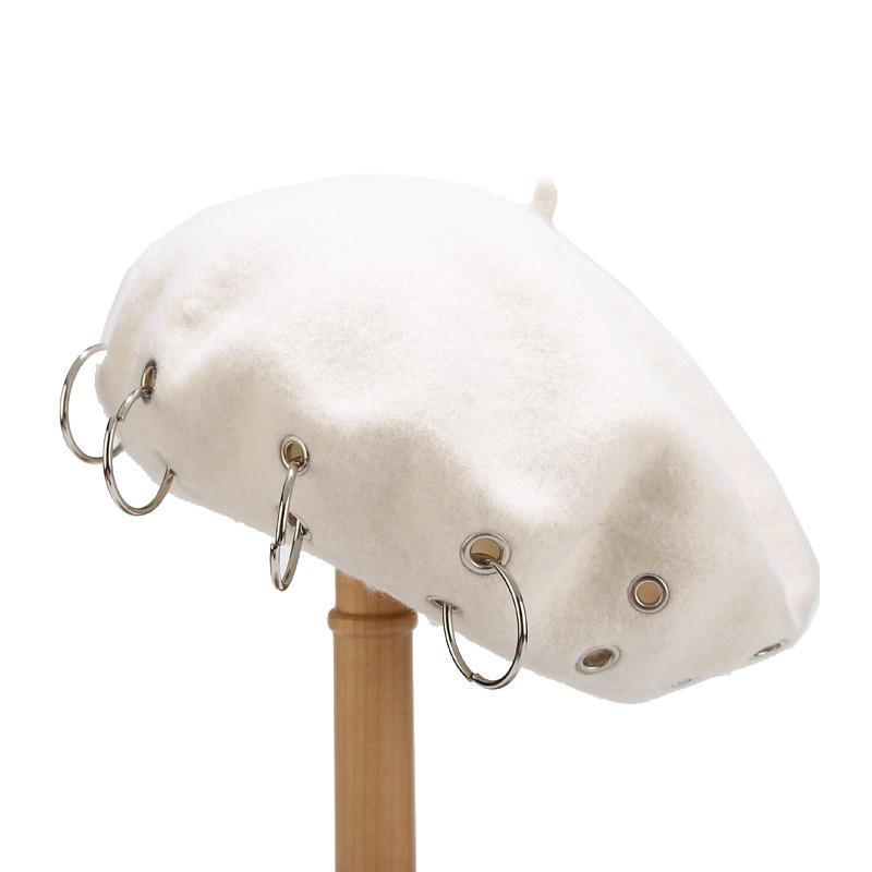 

Winter Warm Wool Berets For Women Girls Trendy Solid Color Iron Rings Beret Caps One Size белый